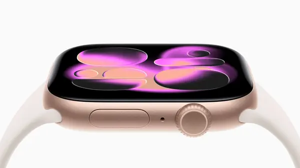 An angled side-profile view of Apple Watch Series 11.