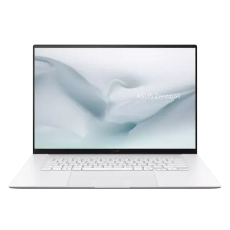 Asus Zenbook S16 en coloris Scandinavian White présenté de face avec son écran OLED ouvert